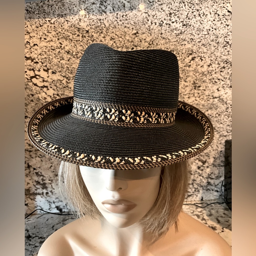 Eric Javits Black Hat with Gold & Tan Stitching